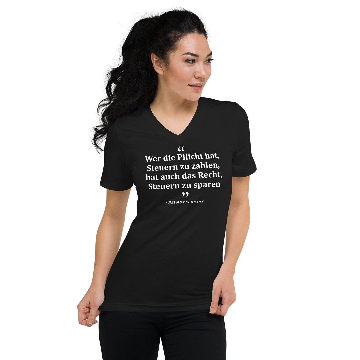 T-Shirt mit V-Ausschnitt aus 100% Baumwolle für Damen | "Wer die Pflicht hat, Steuern zu zahlen, hat auch das Recht, Steuern zu sparen"