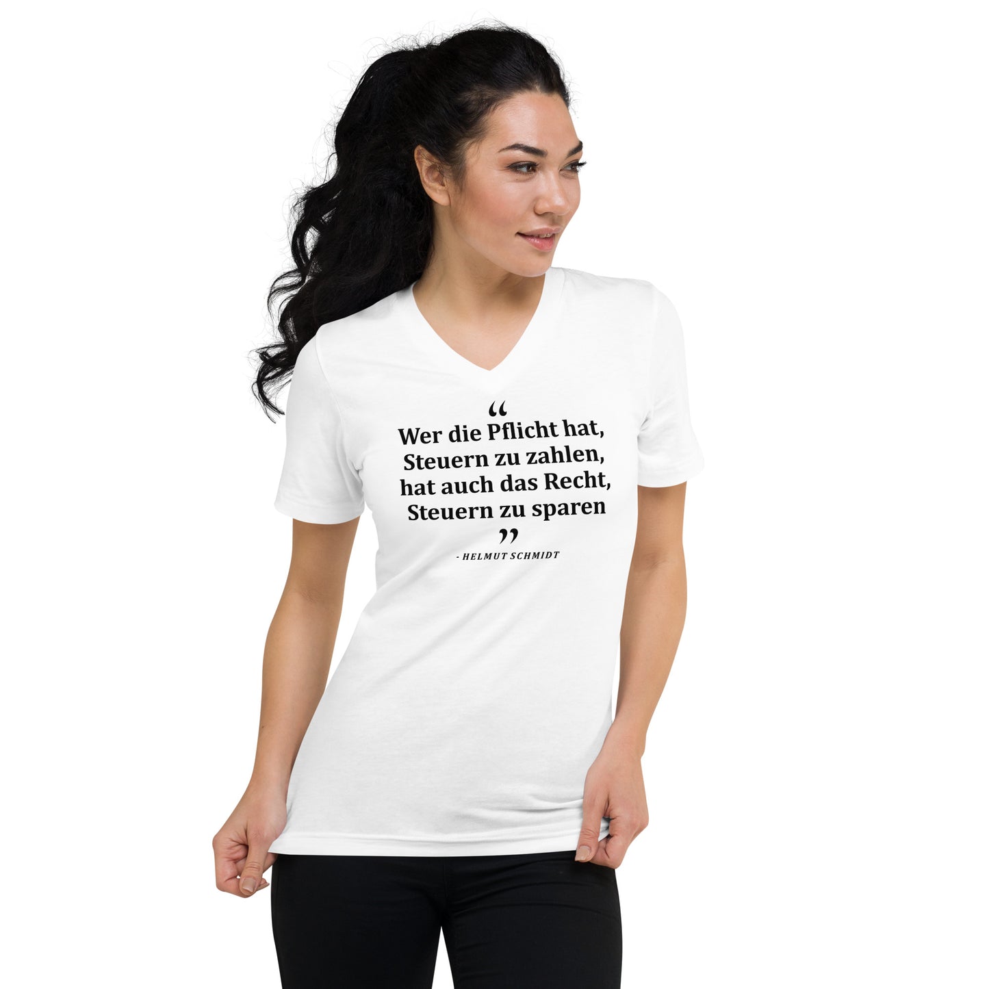 T-Shirt mit V-Ausschnitt aus 100% Baumwolle für Damen | "Wer die Pflicht hat, Steuern zu zahlen, hat auch das Recht, Steuern zu sparen"