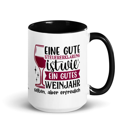 Keramiktasse mit farbiger Innenseite | "Eine gute Steuererklärung ist wie ein gutes Weinjahr: selten, aber erfreulich"